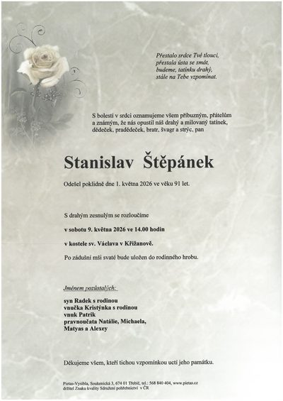 Smuteční oznámení – Stanislav Štěpánek
