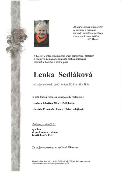 Smuteční oznámení – Lenka Sedláková