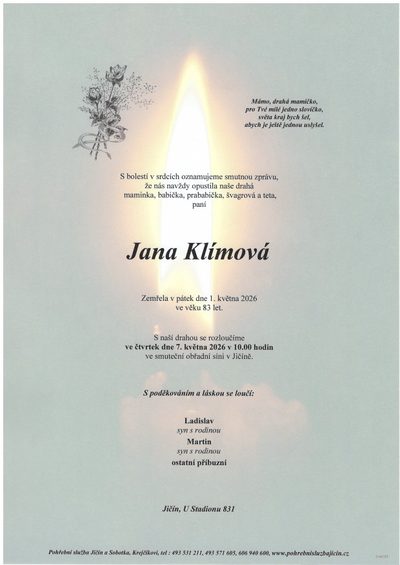 Smuteční oznámení – Jana Klímová