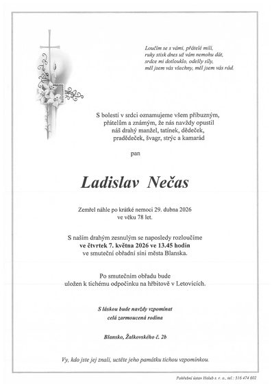 Smuteční oznámení – Ladislav Nečas
