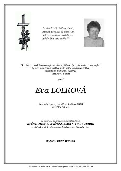 Smuteční oznámení – Eva Lolková