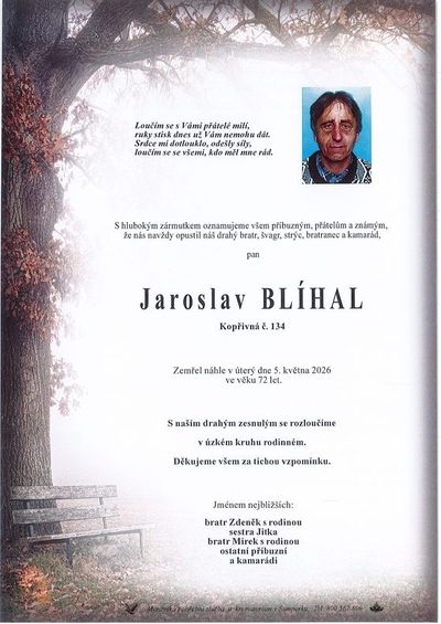 Smuteční oznámení – Jaroslav Blíhal