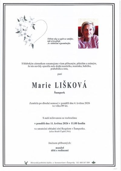 Smuteční oznámení – Marie Lišková