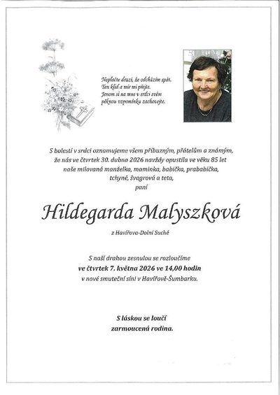 Smuteční oznámení – Hildegarda Malyszková