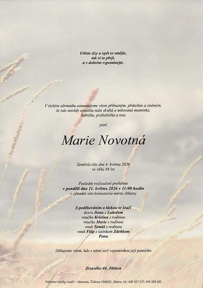 Smuteční oznámení – Marie Novotná