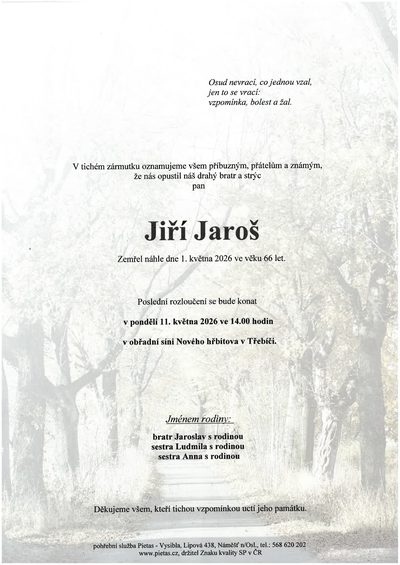 Smuteční oznámení – Jiří Jaroš