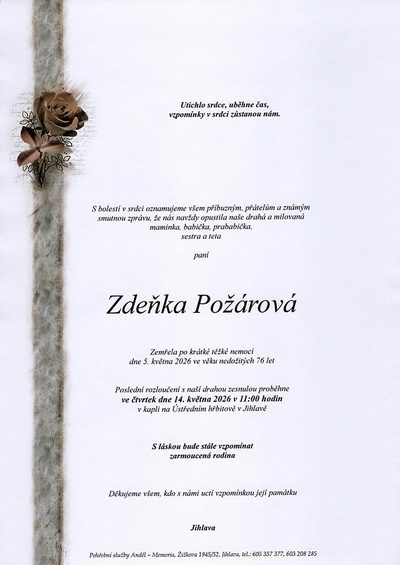 Smuteční oznámení – Zdeňka Požarová