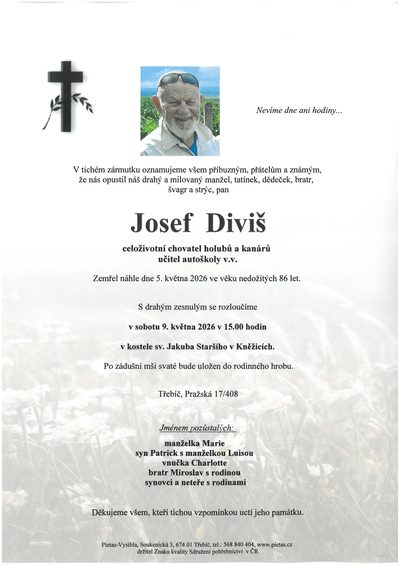 Smuteční oznámení – Josef Diviš