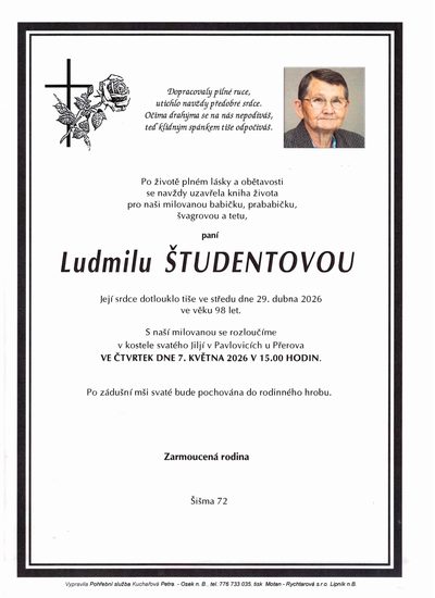 Smuteční oznámení – Ludmilu Študentovou