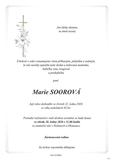 Smuteční oznámení – Marie Soorová