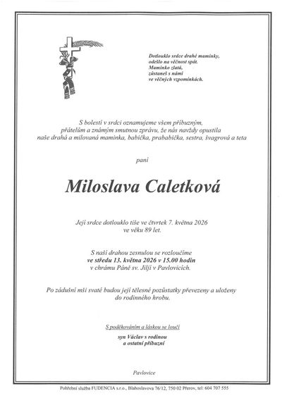 Smuteční oznámení – Miloslava Caletková