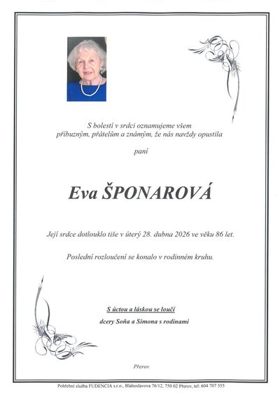 Smuteční oznámení – Eva Šponarová
