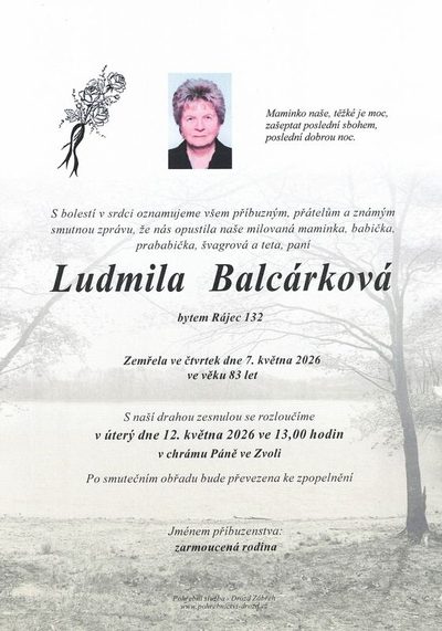 Smuteční oznámení – Ludmila Balcárková