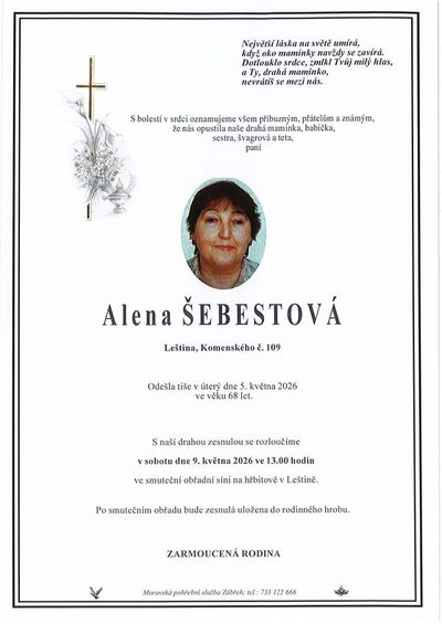 Smuteční oznámení – Alena Šebestová