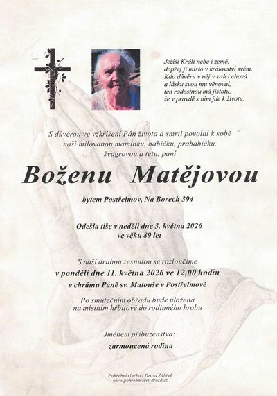 Smuteční oznámení – Boženu Matéjovou