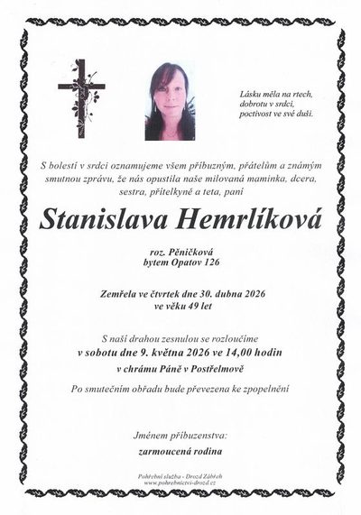 Smuteční oznámení – Sfanislava Hemrlíková