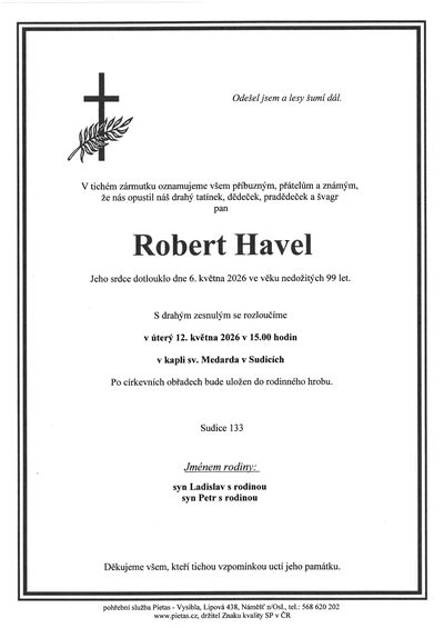 Smuteční oznámení – Robert Havel