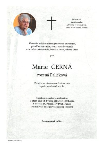 Marie Cerna Pohřební služba Obelisk ~ Nový Jičín ~ Smuteční oznámení a parte