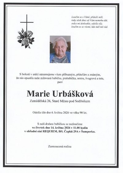 Smuteční oznámení – Marie Urbášková