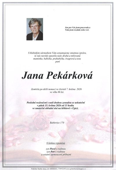 Smuteční oznámení – Jana Pekárková