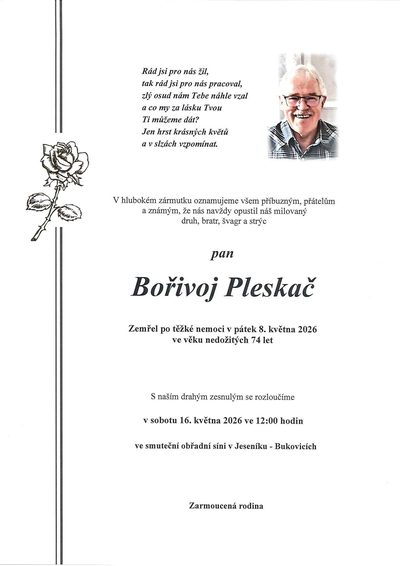 Smuteční oznámení – Bořivoj Pleskač