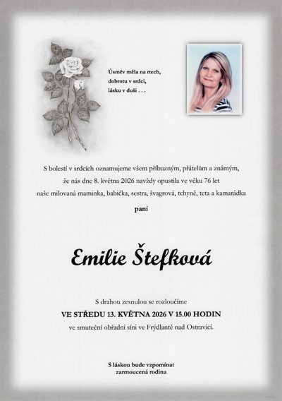 Smuteční oznámení – Emilie Štefková