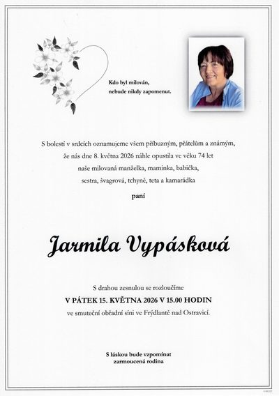 Smuteční oznámení – Jarmila Vypásková