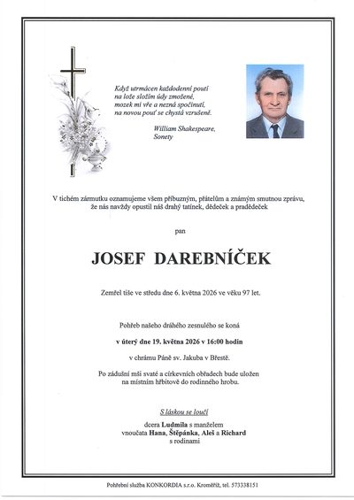 Smuteční oznámení – Josef Darebníček