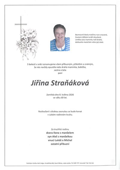Smuteční oznámení – Jiřina Straňáková