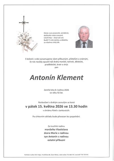 Smuteční oznámení – Antonín Klement