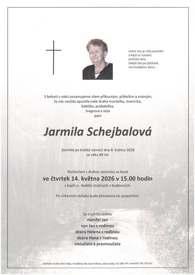 Smuteční oznámení – Jarmila Schejbalová