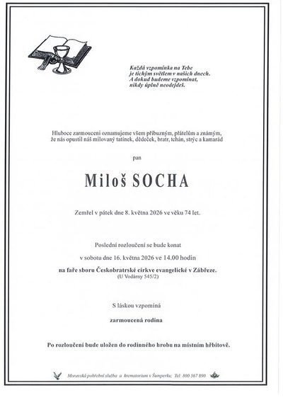 Smuteční oznámení – Milos Socha