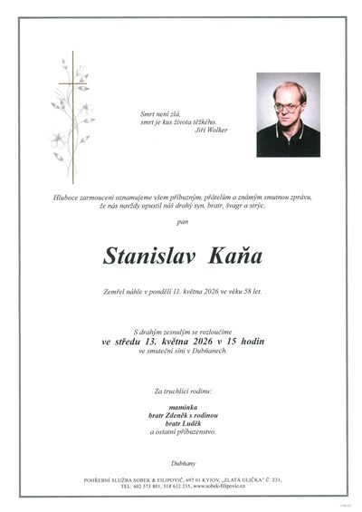 Smuteční oznámení – Sfanislav Kaňa