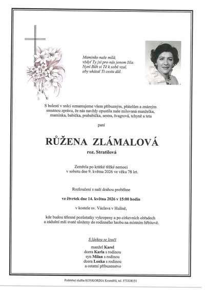 Smuteční oznámení – Růžena Zlámalová