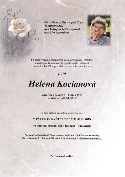 Smuteční oznámení – Helena Kocianová