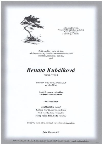 Smuteční oznámení – Renata Kubálková