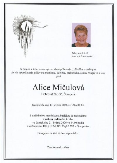 Smuteční oznámení – Alice Mičulová