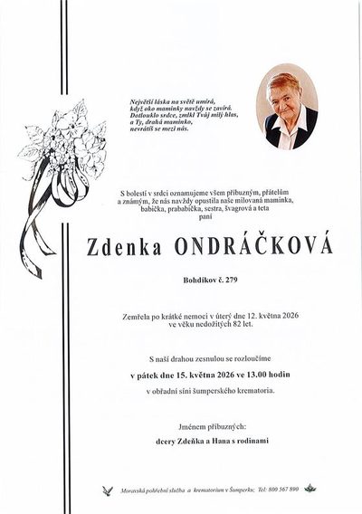 Smuteční oznámení – Zdenka Ondráčková
