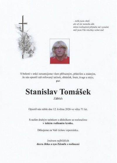 Smuteční oznámení – Stanislav Tomášek
