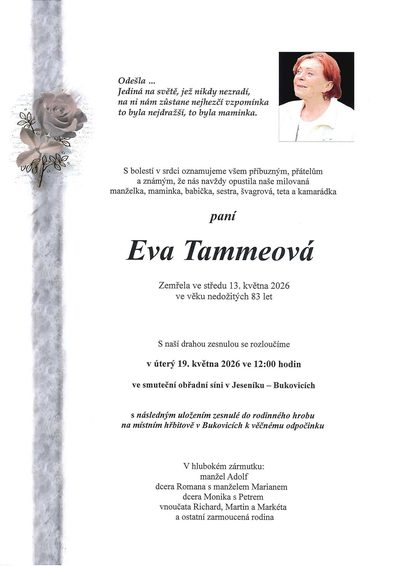 Smuteční oznámení – Eva Tammeová