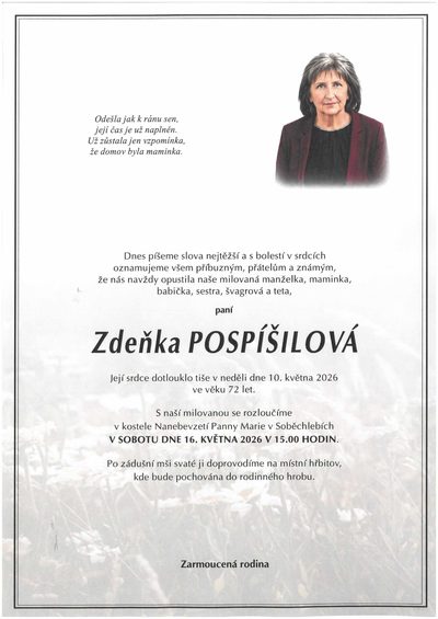 Smuteční oznámení – Zdeňka Pospíšilová