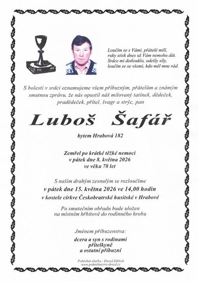 Smuteční oznámení – Luboš Safář