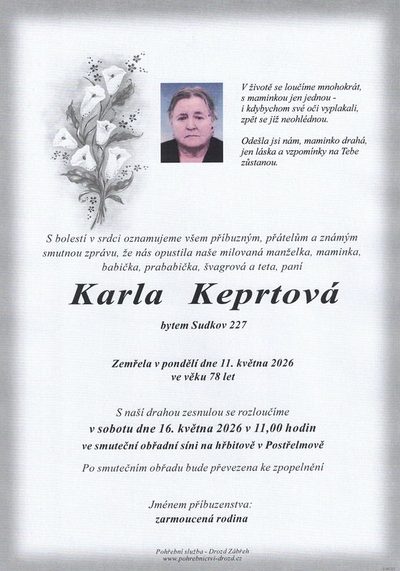 Smuteční oznámení – Karla Keprtová