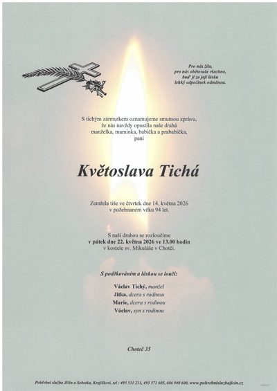 Smuteční oznámení – Květoslava Tichá