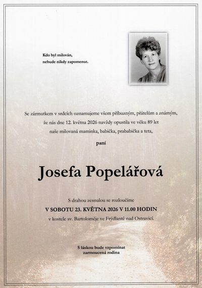 Smuteční oznámení – Josefa Popelářová