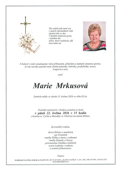 Smuteční oznámení – Marie Mrkusová
