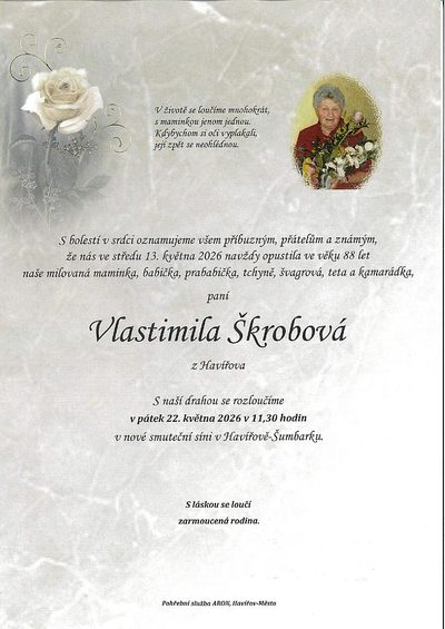 Smuteční oznámení – Vastimila Skrobová