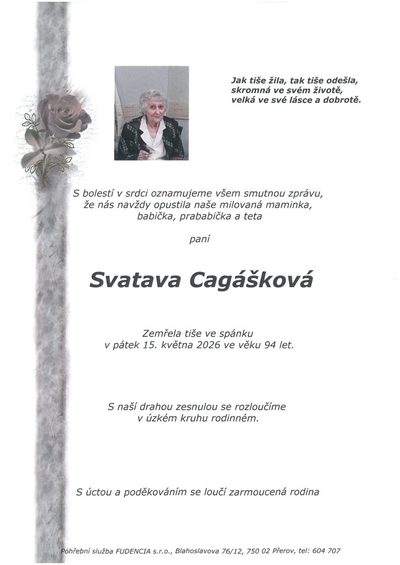 Smuteční oznámení – Svatava Cagášková