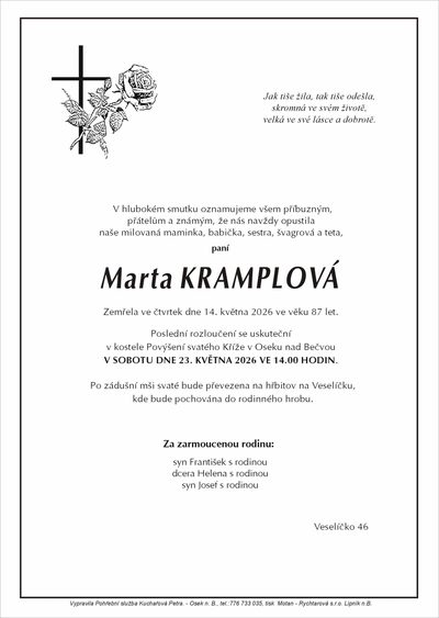 Smuteční oznámení – Marta Kramplová