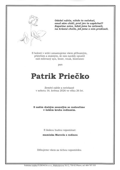 Smuteční oznámení – Patrik Priečko